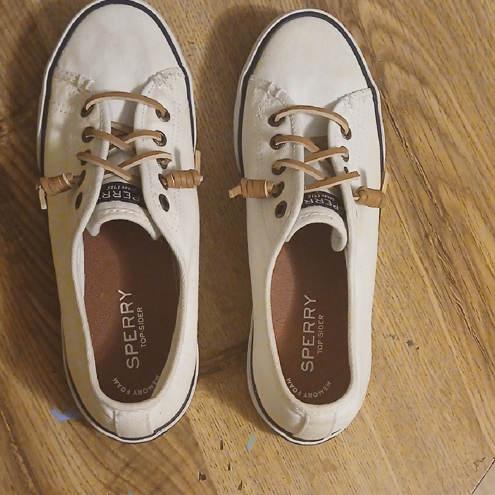 Sperry Women's Cream Canvas Boat Sneakers with Tan Laces